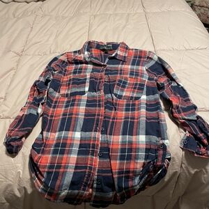 Derek Heart Women's Plaid Button Down Shirt - Navy and Red